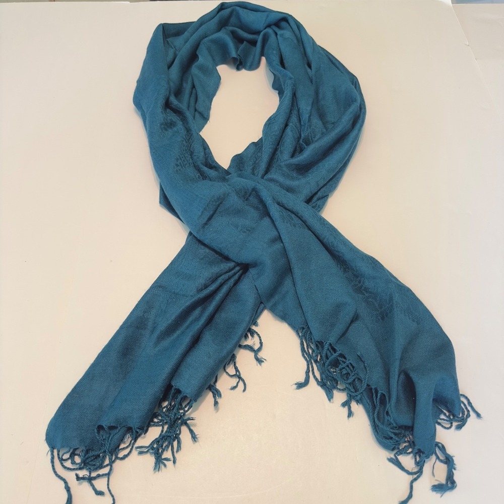 D&Y Pashmina Scarf Teal Blue Paisley Jacquard Fringe Wrap Shawl